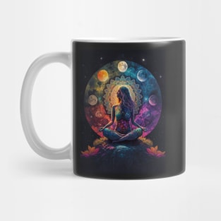 Lotus Woman Meditating on a Mountain with a Colorful Sky, Giant Planets and Lotus Flowers Mug